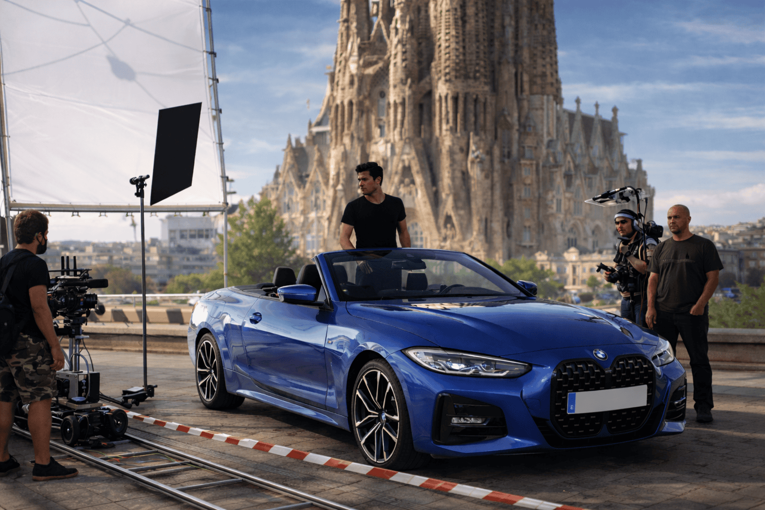 Alquiler coches lujo rodajes Barcelona — Ferrari Portofino rodaje publicitario Eixample Barcelona