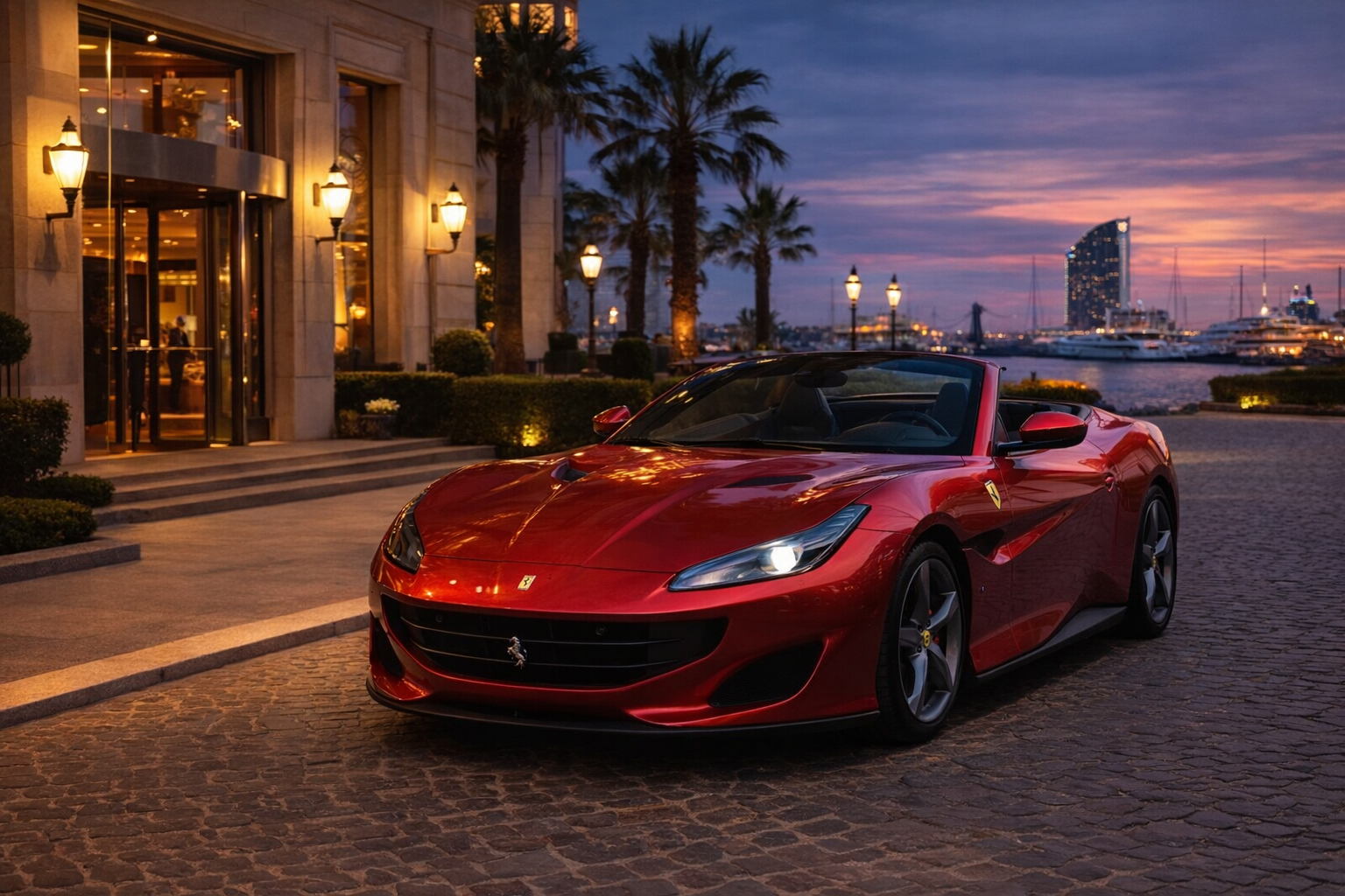 Alquiler de coches de lujo en Barcelona | LC Barcelona alquiler de coches de lujo en Barcelona Ferrari Portofino al atardecer