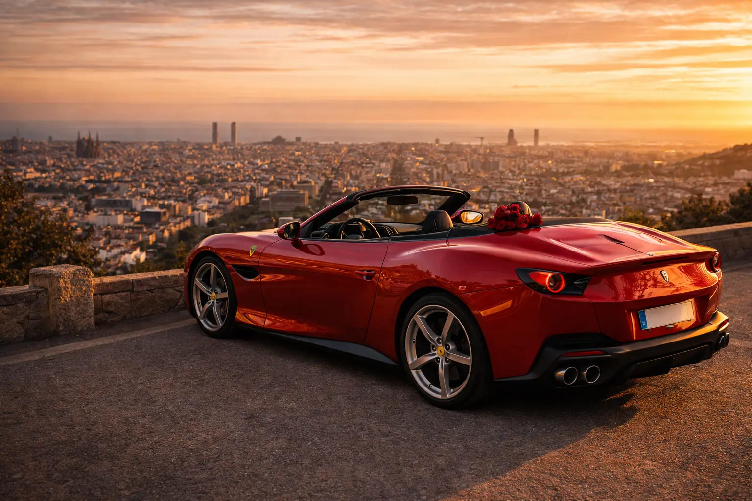 Alquiler coche lujo aniversario Barcelona — Ferrari Portofino atardecer romántico Barcelona