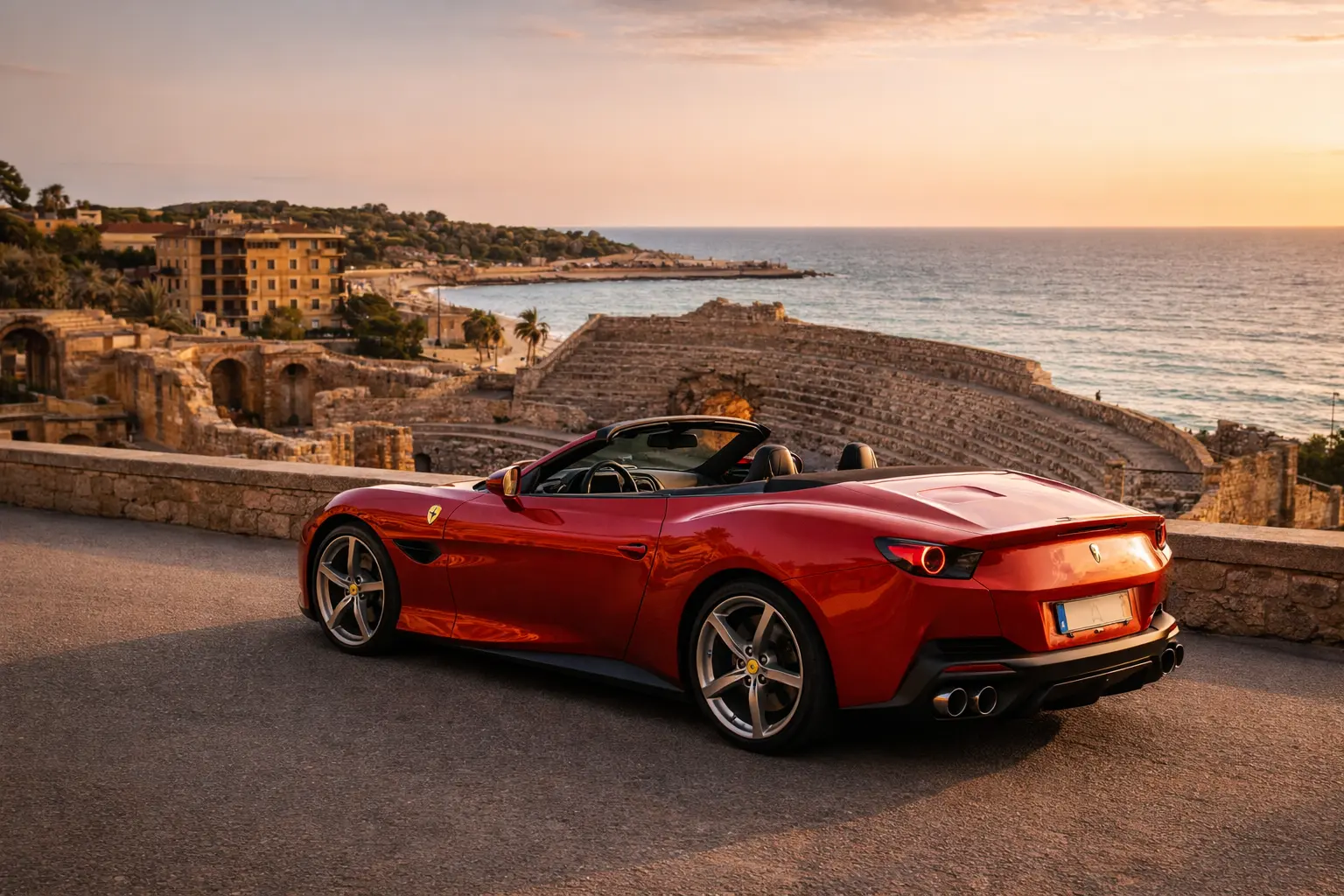 Alquiler coche lujo Tarragona — Ferrari Portofino frente al anfiteatro romano de Tarragona