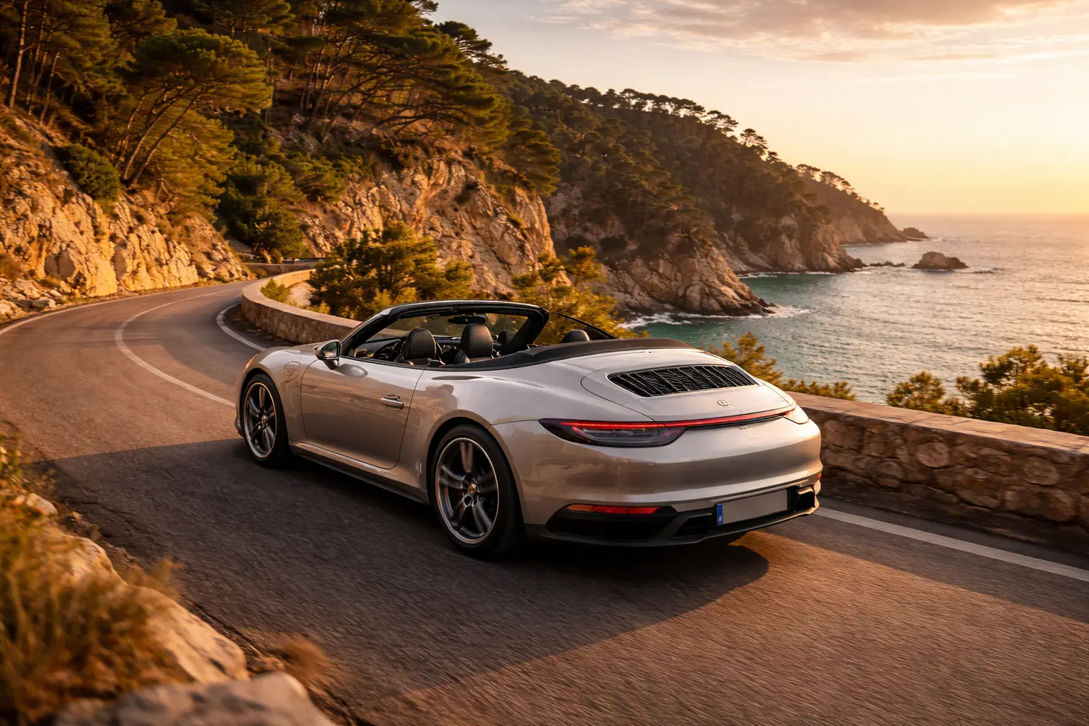 Alquiler coche lujo Costa Brava — Porsche 911 Cabrio frente al Mediterráneo Costa Brava