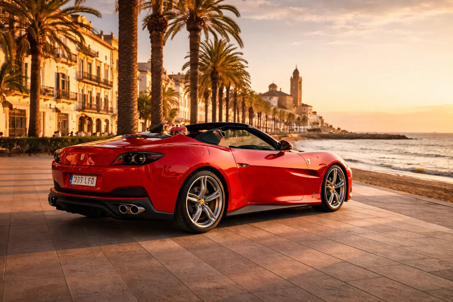 Alquiler coches lujo Sitges — Ferrari Portofino frente al Mediterráneo en Sitges